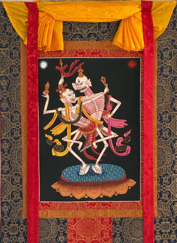 CITIPATI DANCING SKELETONS HAND-PAINTED TIBETAN THANGKA ART WITH SILK BROCADE gallery