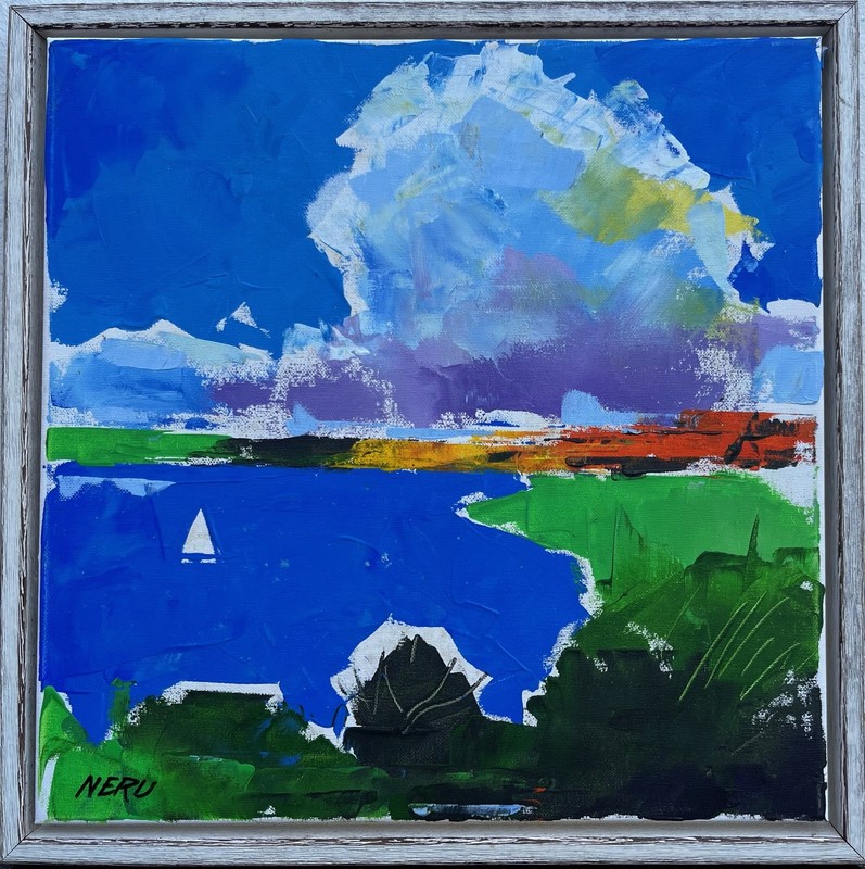 Expressionist Neru Abstract Coastal Landscape with White Sailboat Oil Painting 40×40
