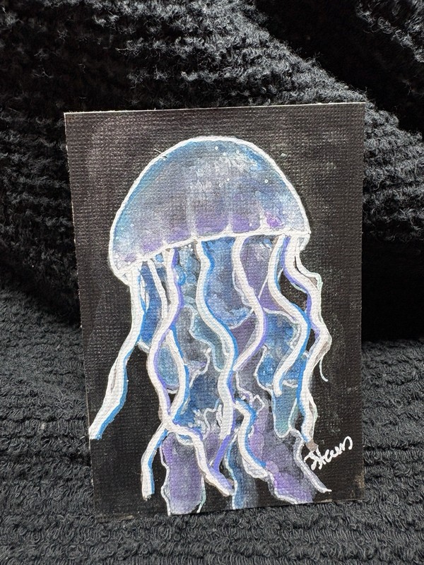 Original ACEO Purple/teal Jellyfish In White, Signed By Artist