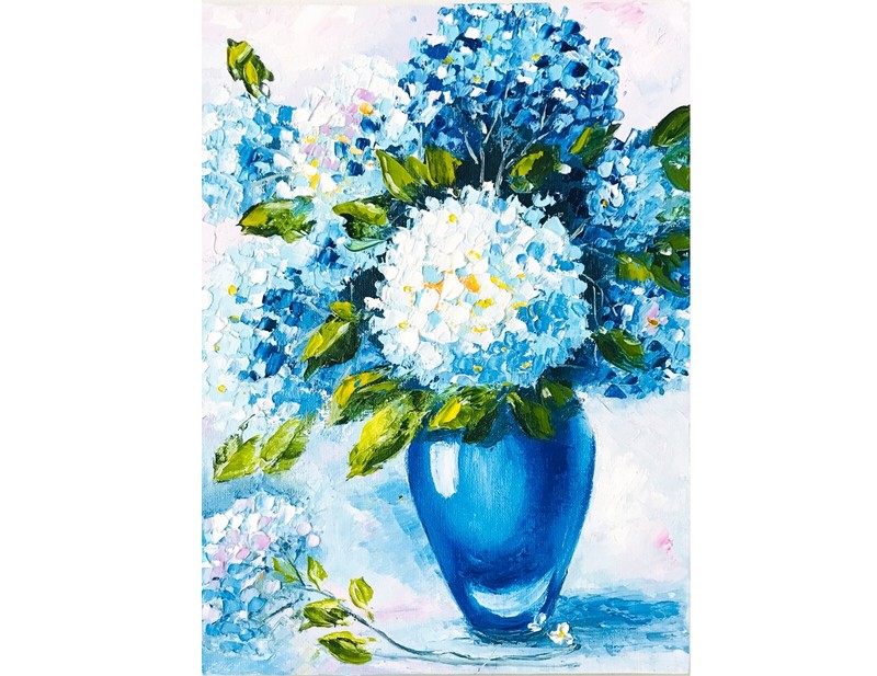 Impasto Oil Original Painting Hydrangea Art Withe Blue Book Shelf Decor 9 x 7″