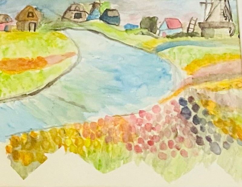 Dutch Tulip Field Watercolor Panting, Hand Painted bu Seller