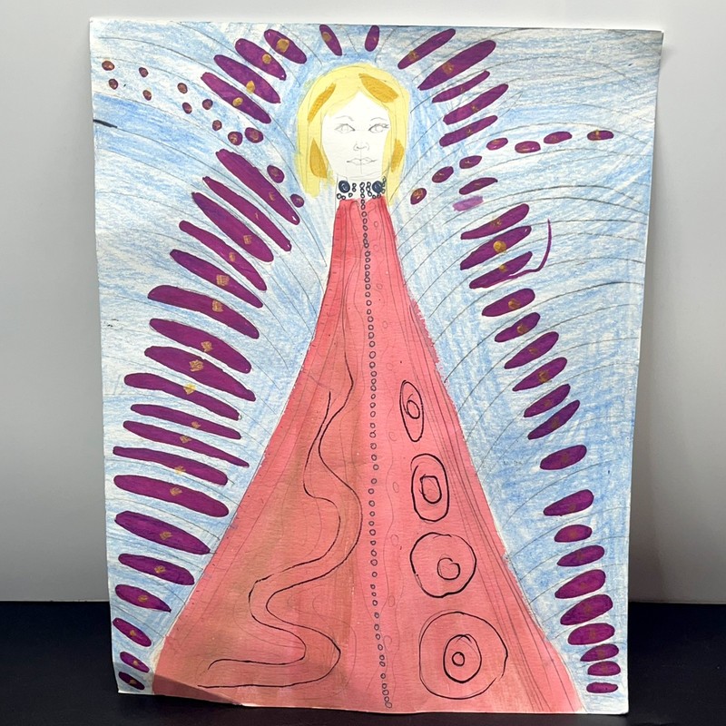 Painting Drawing Blonde Angel Goddess Flowing Robe Child or Naive Artist 11×14