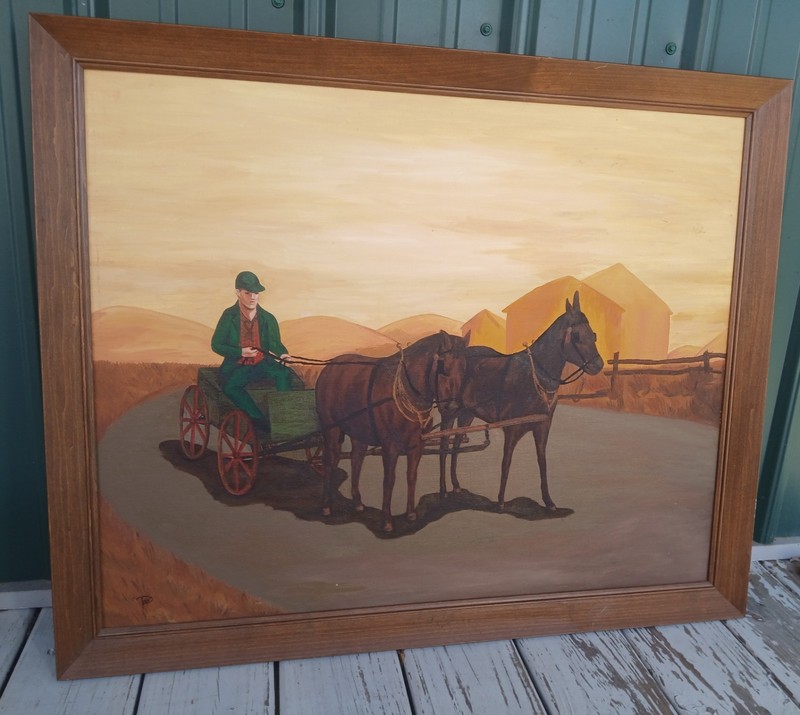 VtgPaintingRealisimAmishHorseBuggySunsetLandscapeFrameSignedFolkArtWestern70sLG gallery