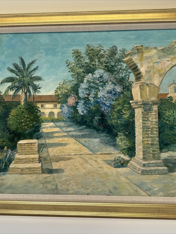 Antique California Mission Painting Landscape Mystery Signed Oil 1920’s Vintage gallery