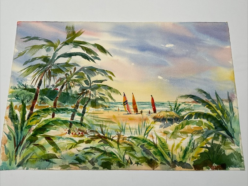 AMERICAN REGIONALISM PAINTING TROPICAL BEACH NAUTICAL BOATS MAURICE SILBER gallery