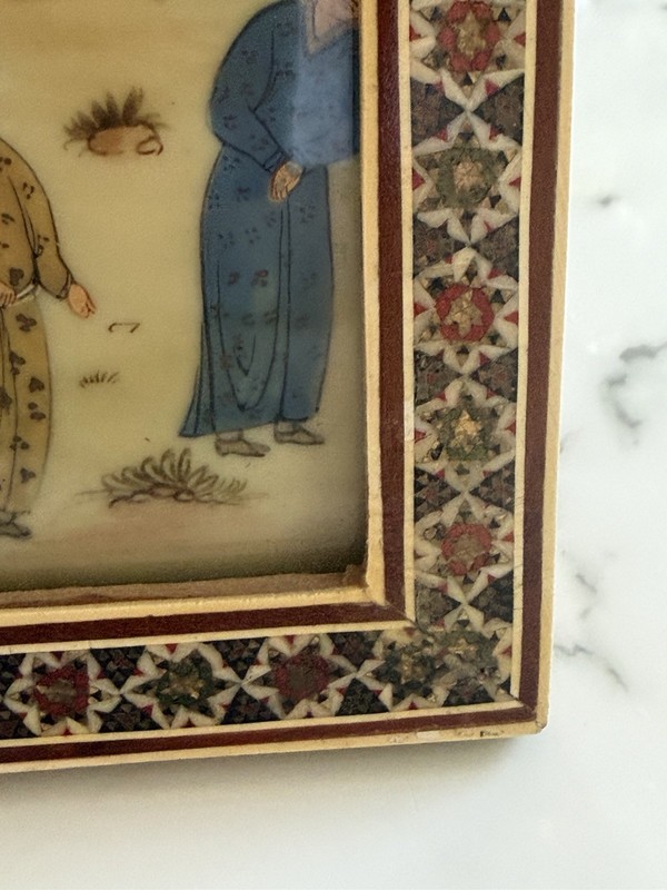 Vintage Persian Khatam Kari Miniature Painting Inlaid Mosaic Frame 5.5” gallery