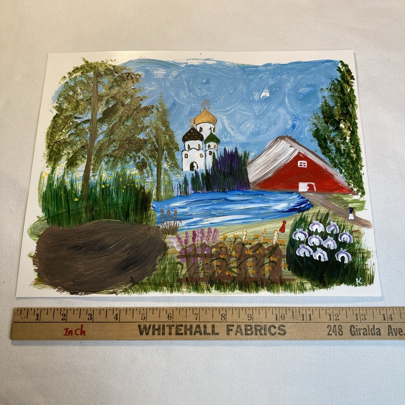 Original Painting Russian Eastern Orthodox Church Flower Tree Pond v4