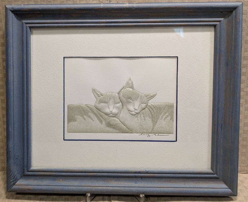 Rare Embossed Art «Two Cats» By Chong And Judi Lin-Island Designs Framed 12″x10″