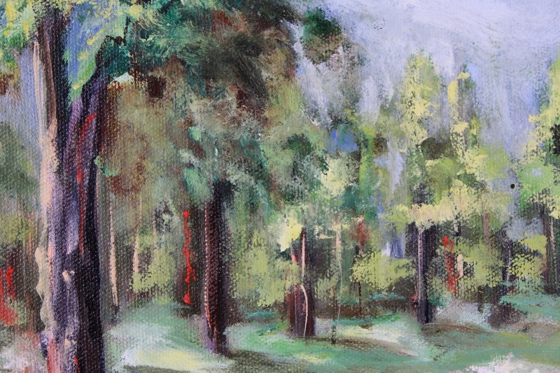 Vintage Couple In The Woods Landscape Oil Painting On Canvas Signed Illegible gallery