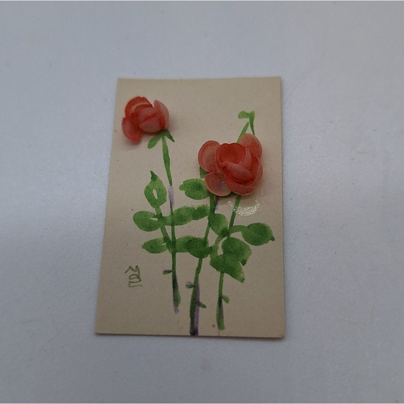 Mid century miniature shell art flower picture pink roses 1" x 1,75" garden