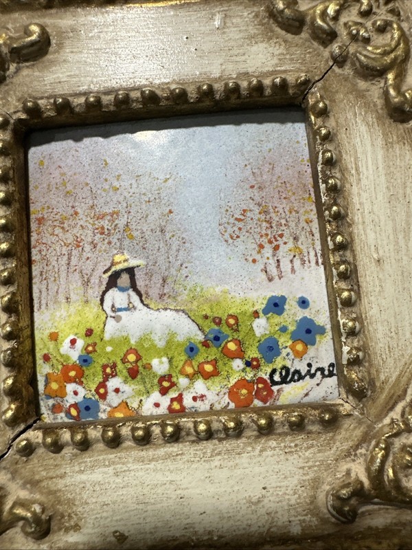 VTG Enamel On Copper Garden Scene Signed Claire Ornate Frame JMG 1974 ART gallery