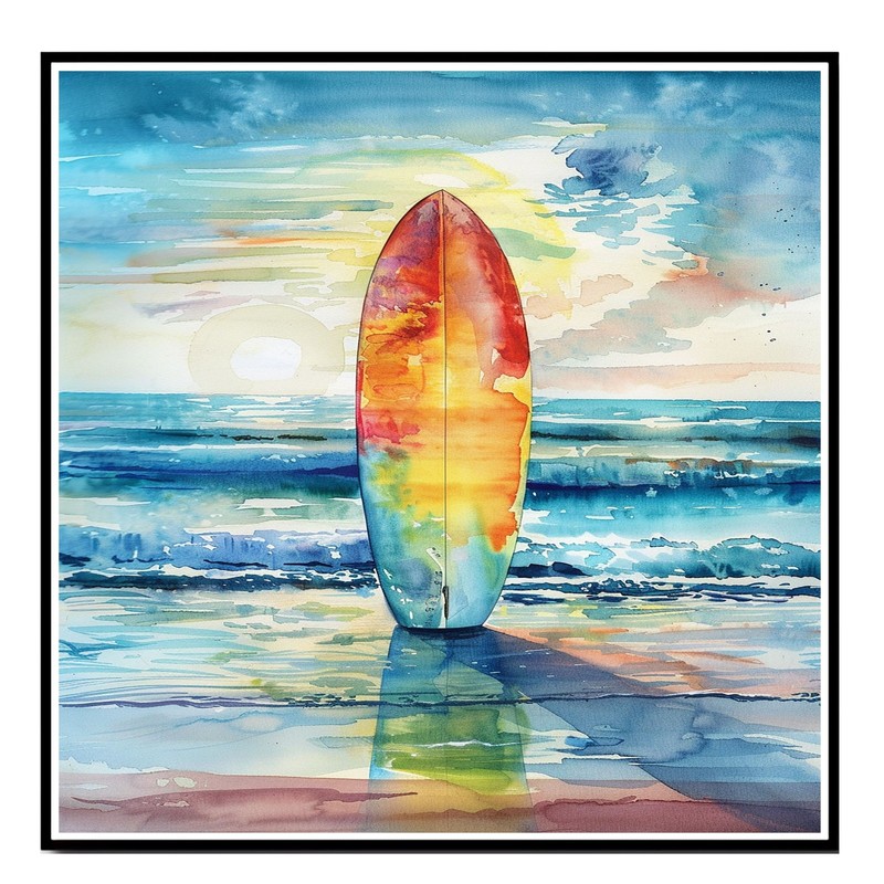 Sunset Surfboard Watercolor Canvas Wall Art Ocean Reflections Beach gallery