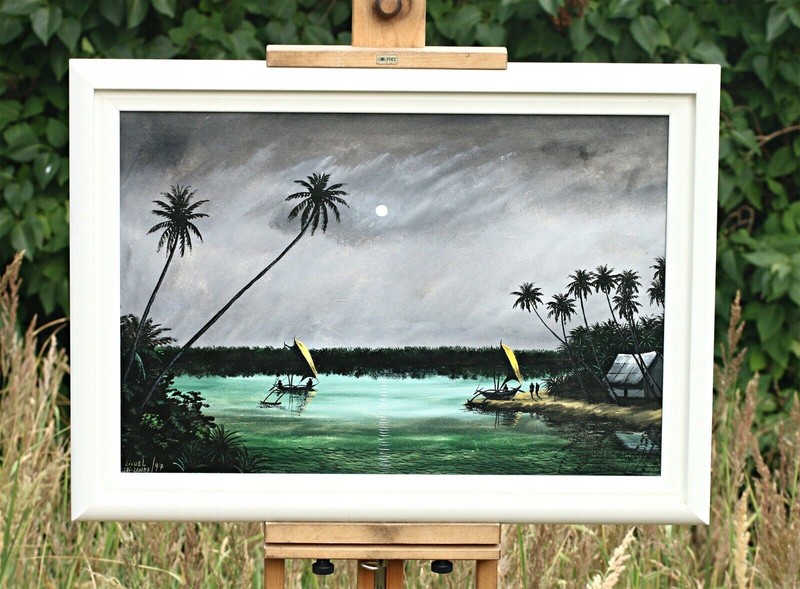 Maritime scene from SRI-LANKA at night, oil on canvas painting, signed Lionel?