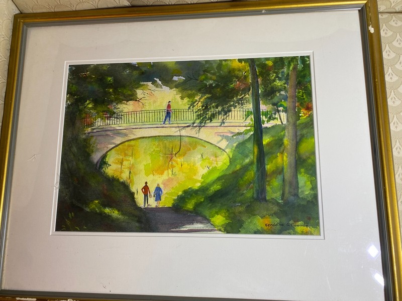 Geraldine G Fineman «Figures In Park Scene» Watercolor Painting – Signed/Framed