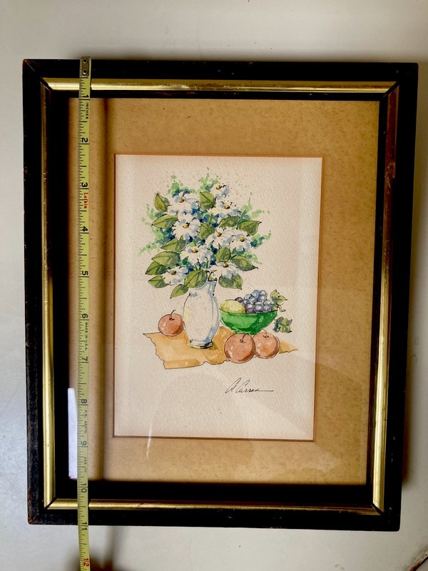 Original Framed Still Life Watercolor Painting A Vase Of Flowers Fruits Signed gallery