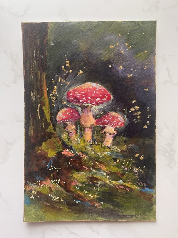 Original Painting Forest Mushrooms Acrylic Gouache By Count21art 4×6