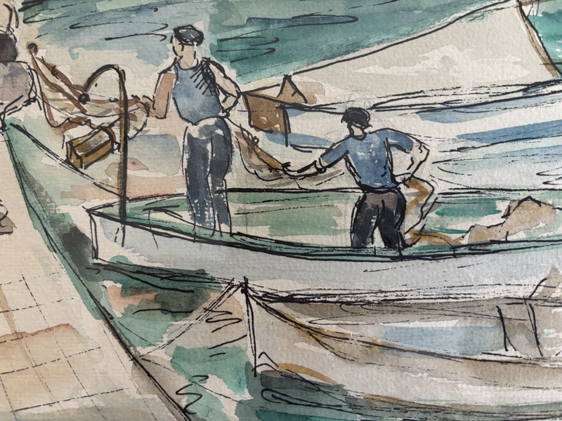 Vtg Framed Pen & Ink Watercolor Painting SANTA MARGHERITA Italy Fishermen Boats gallery