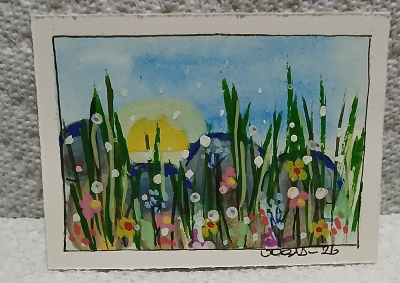 OOAK Watercolor ACEO Fairy Mushrooms Hidden Grass Mushroom Fairy Meadow Mini