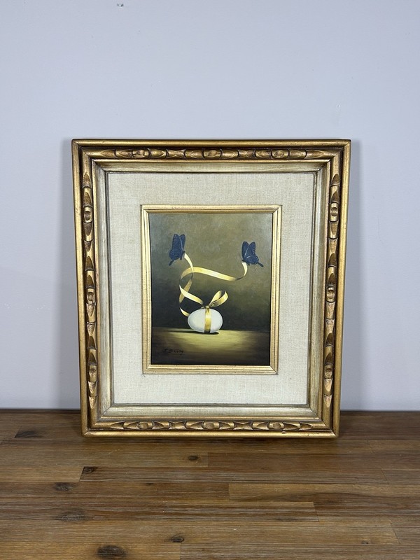 Vintage Artist Signed Surrealist Painting Oil on Board Butterfly Ribbon Egg