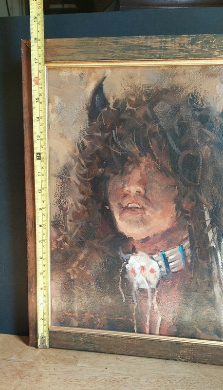 VTG ARIZONA NATIVE AMERICAN BUFFALO WARRIOR FRAMED OIL PAINTING. gallery