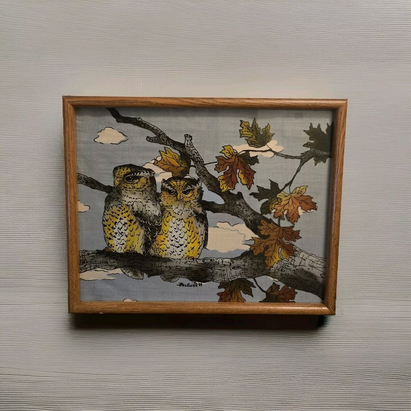 1988 Framed Folk Art Reverse Owls Painting on Glass Signed Beckwith 15″×12″