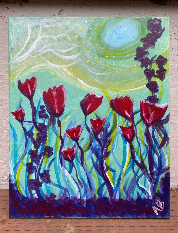MOONLIT TULIP GARDEN — Original Acrylic Painting 20″ x 16″