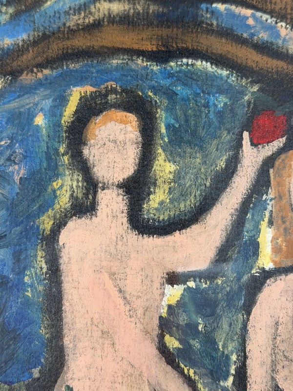 Sandra Pape Acrylic On Paper Painting 12x8” Adam & Eve Garden Of Eden Folk Art gallery