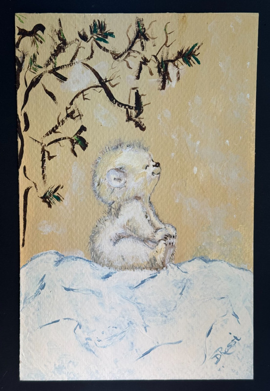D. ROSSI OIL PAINTING HAPPY SMILING BABY POLAR BEAR CUB WINTER SPRING SNOW TREE