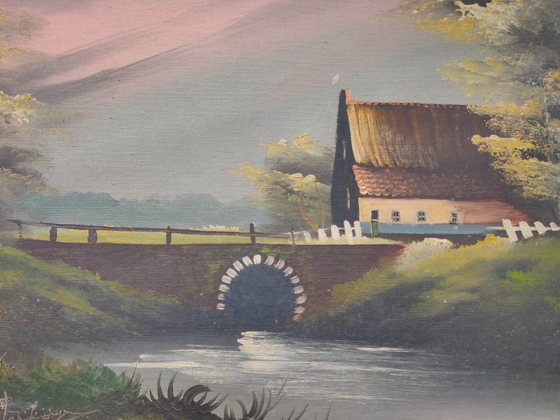 Painting Landscape with a River, signed by the author. gallery