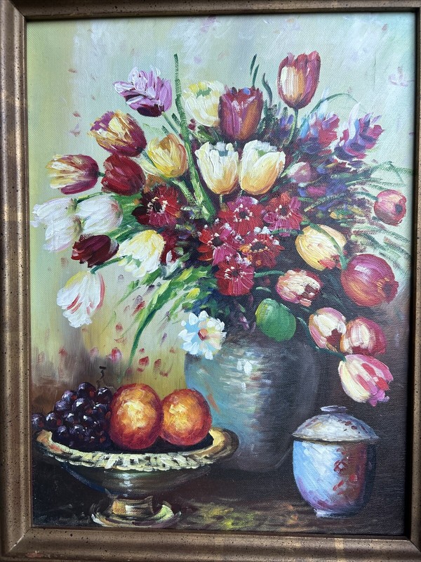 1960's Mid-Century Oil on Canvas Tulips in Vase Floral Still Life Framed Vtg Art gallery