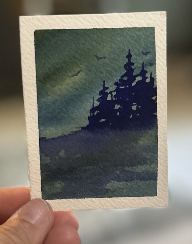 ACEO Lake Sky, Purple Mood Original Watercolor Landscape Painting By Sasha Lehto