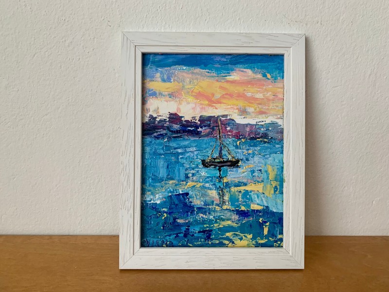 Sunset Seascape Oil Painting On Canvas Board Sailboat Landscape Wall Art Decor