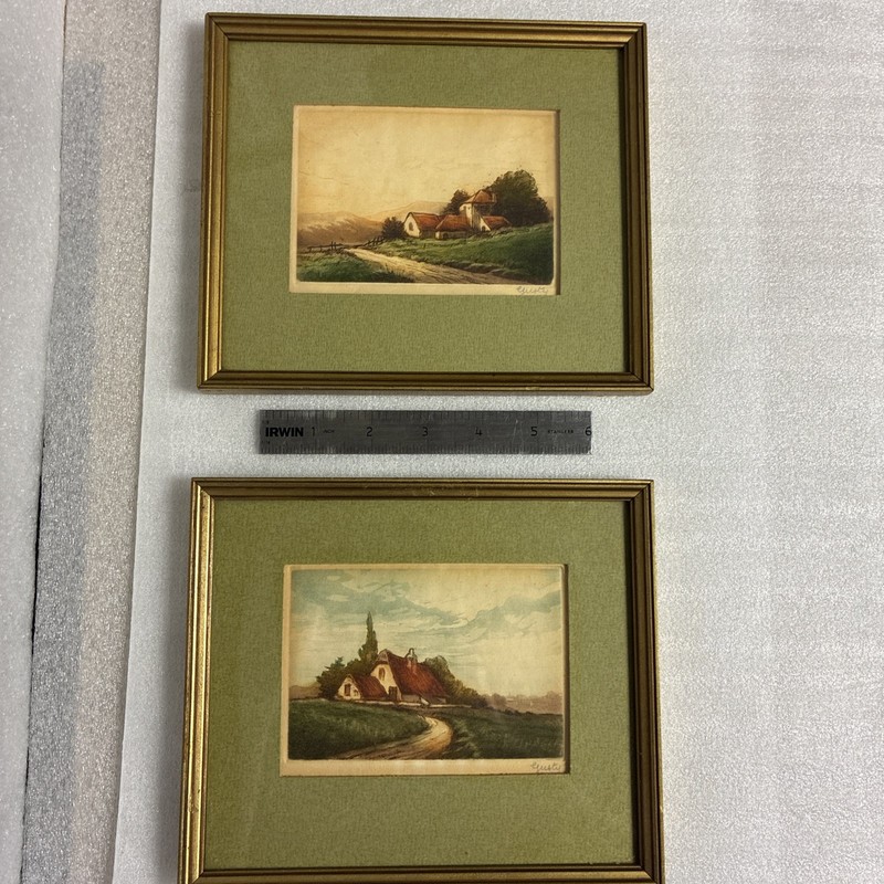 Signed Gusty Olsson Original Etching Two Pieces Vintage Country Scenery Framed