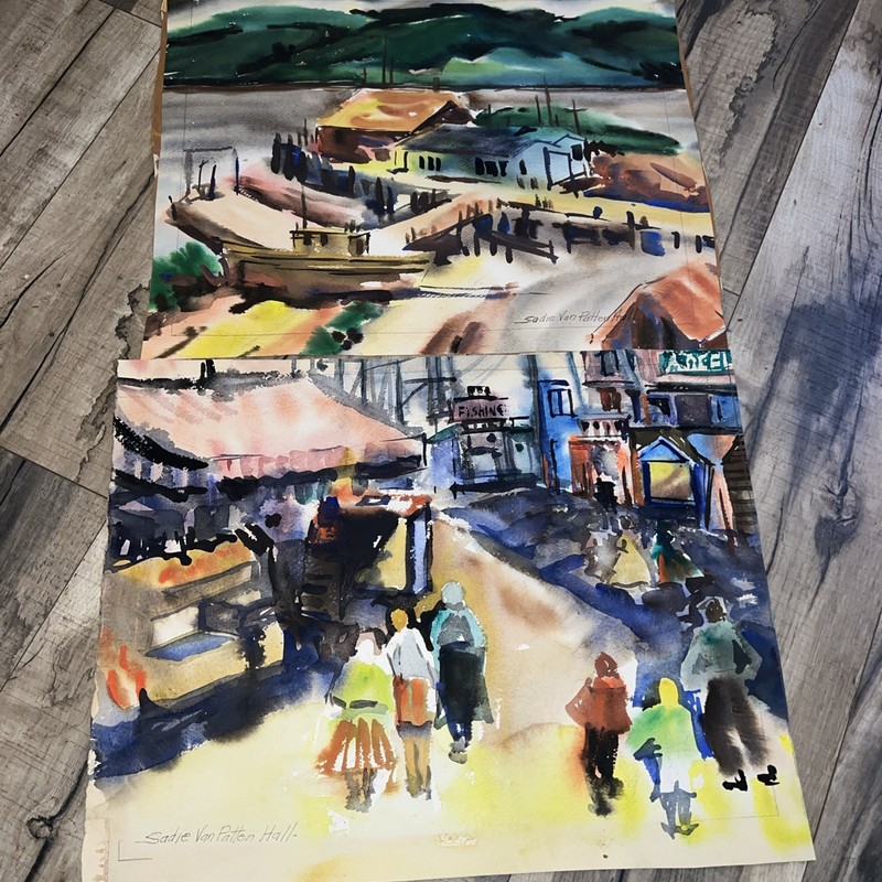 (2) Antique California Watercolor Paintings, Mid-Century Sadie Van Patten Hall