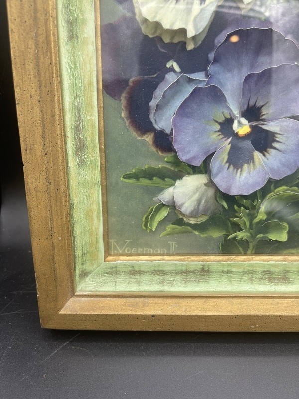 1950’s Mid Century Pansy Pansies Painting 3D Art Shadowbox signed J Voerman Jr. gallery