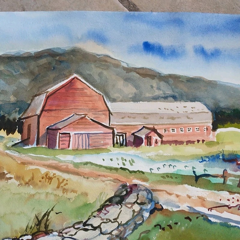 Vtg Watercolor Painting Landscape Farm Barn Pastel Wall Decor Signed 15x22" gallery