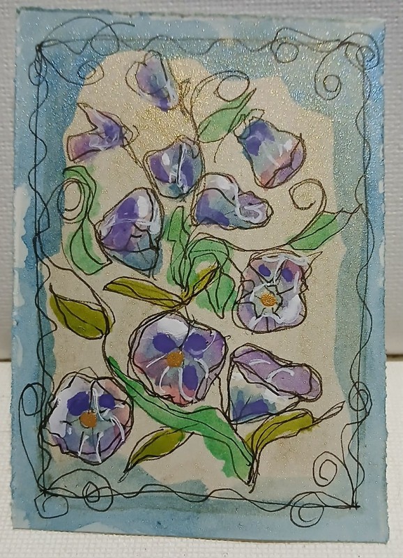 Morning Glory ACEO — OOAK Abstract Scribble Flowers on Golden Sun & Blue Sky Art