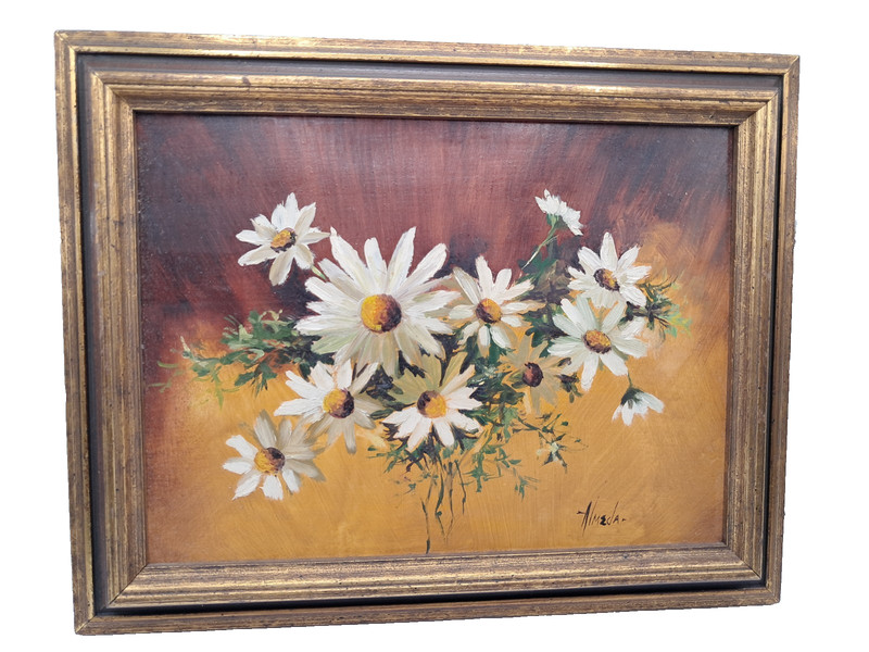 Vintage Mid century Oil Painting Daisy Bouquet Signed Almeda Ernst 9.75″x7.75″