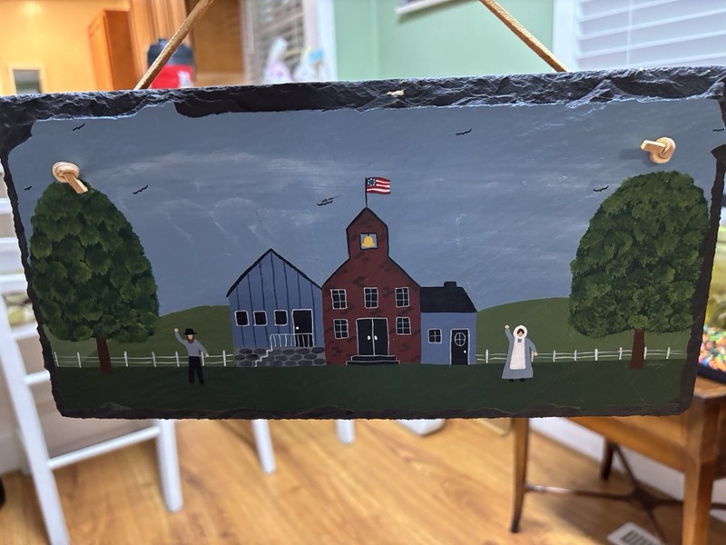 Amish village painting on Slate with hanger for wall decor (12inx7in)