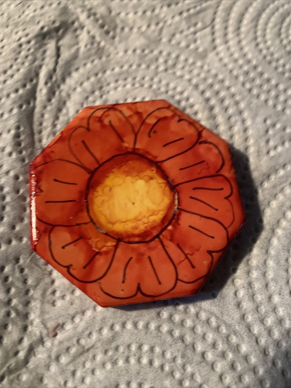 Hand Painted Ceramic Tile Stone Art Fridge Magnet abstract octagon Red Flower