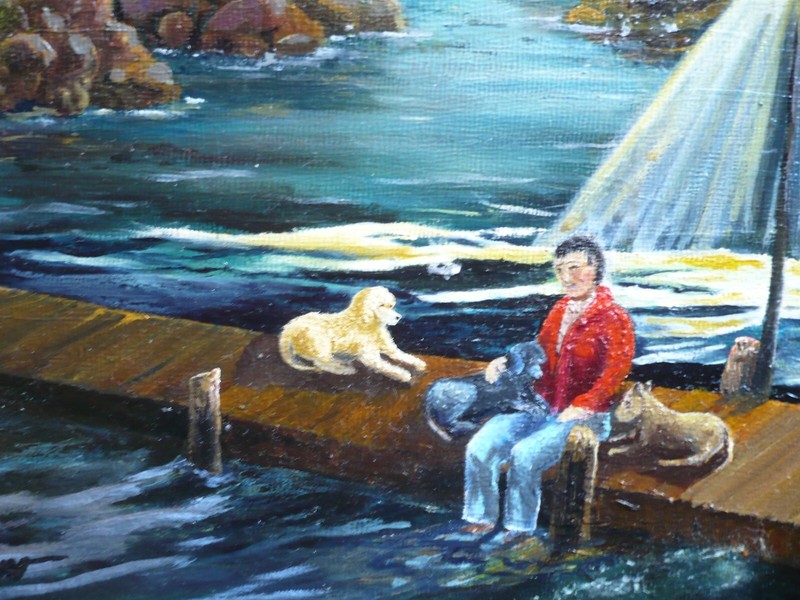 CAROLYN BONANNO, The Pack, FOLK OUTSIDER ART, YOUNG MAN and DOGS, NOCTURNE OIL gallery