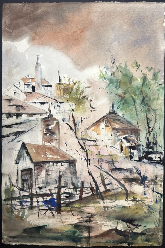 Small Town Landscape–Charlotte Hoffman–Medium Size Watercolor–Mid 20th NY Artist gallery