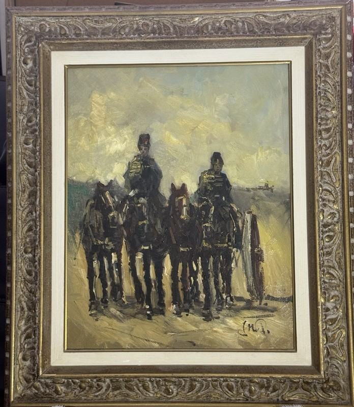 MASTERFUL IMPRESSIONISM PAINTING MEN SOLDIERS OF HORSE VINTAGE SIGNED Vintage