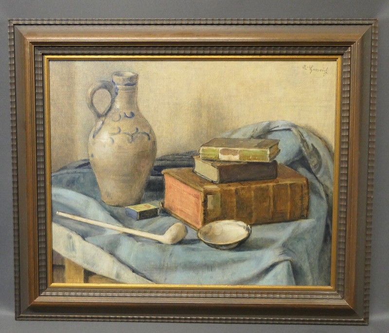 A. Henrich, Düsseldorf School «Still Life with Pipe and Books» 50.5×40.5 cm
