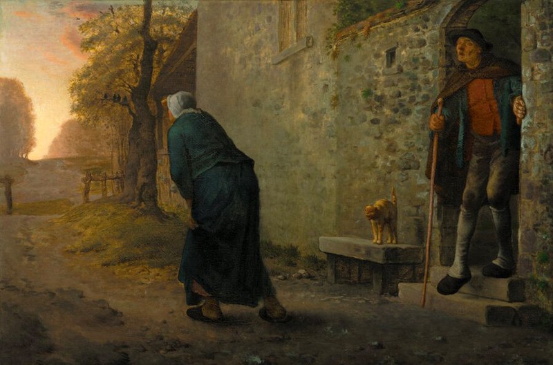Oil painting Jean-Francois Millet – Waiting farmers in the frond of thehouse cat