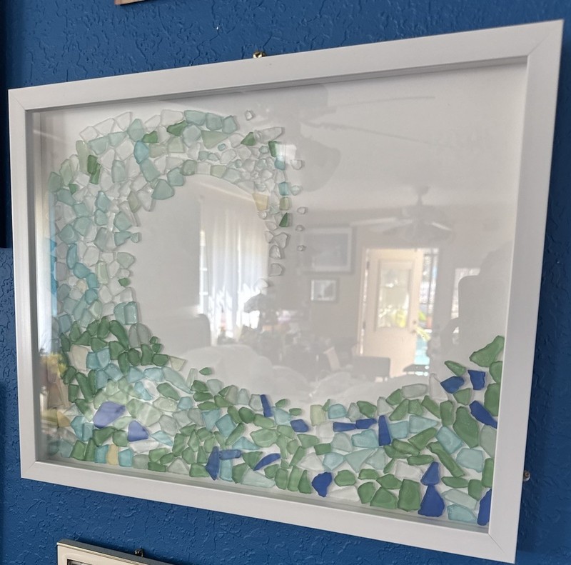 Abstract Painting Framed White Frame Green & Blue Glass Mosaic Wave Wall Art