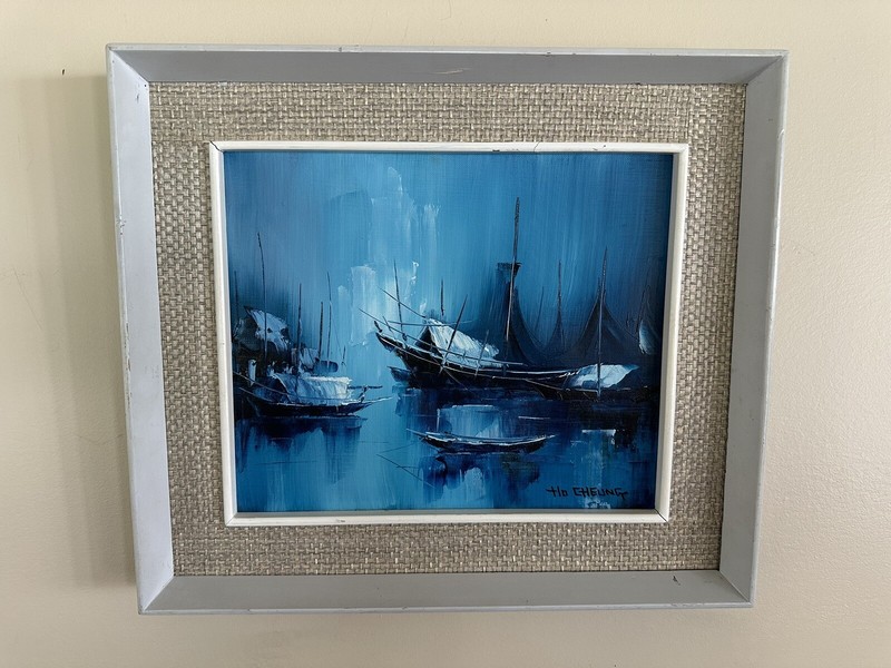 Vintage Mid-Century Modern Fishing Boats Oil Painting Hong Kong Ho Cheung