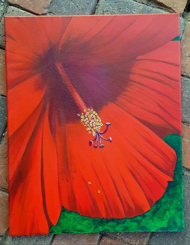 Original Acrylic, Red Hibiscus, Thinking of Georgia O’K, by Martha Johnson