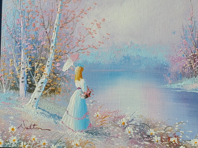 Signed Walton Pastel Lady by The Water with Flower Basket Painting Framed