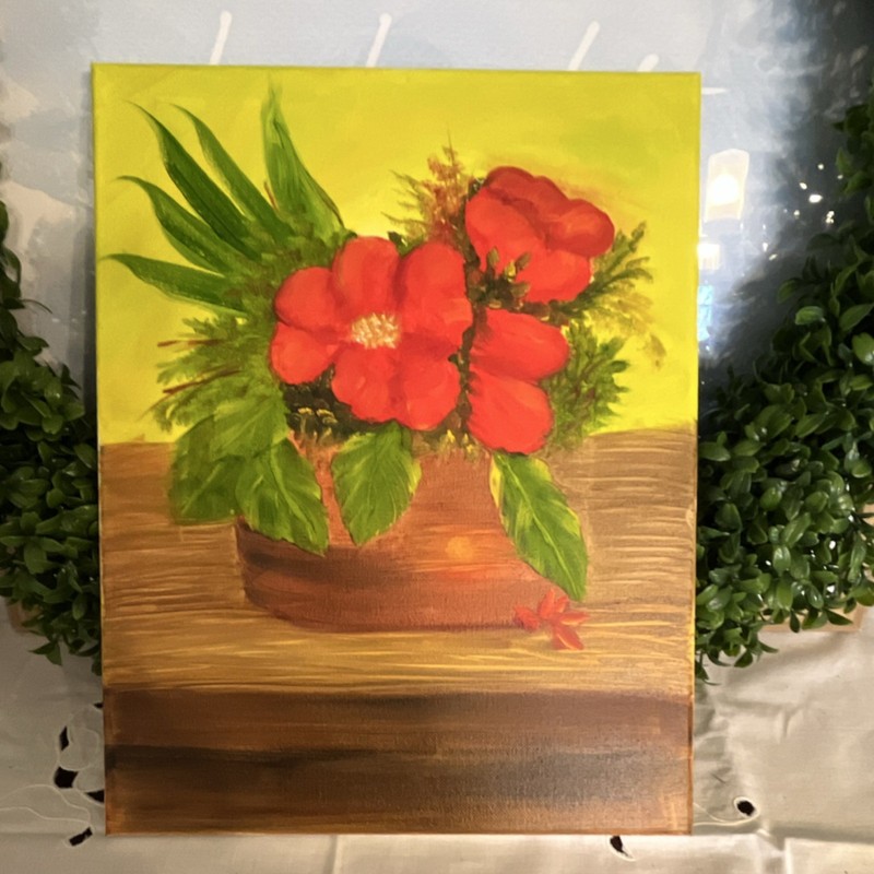 Original Acrylic Canvas Painting Red Flowers Still Life Realism 14x11in Unframed